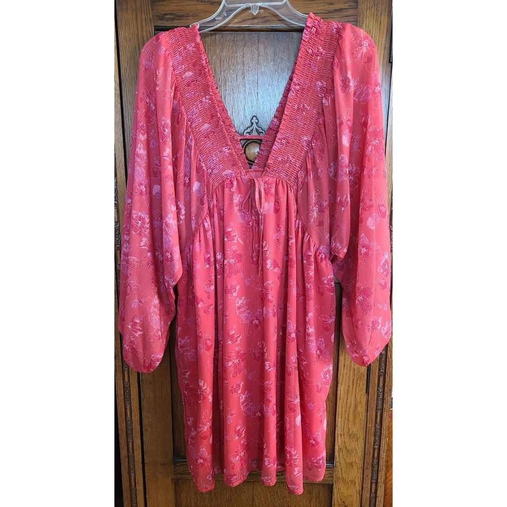 Peach Love California Coral Floral Smocked V-Neck Mini Dress D85506-01 Small